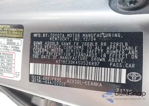 2005 Toyota Camry Le из США, поврежденный, VIN 4T1BE30K45U526897